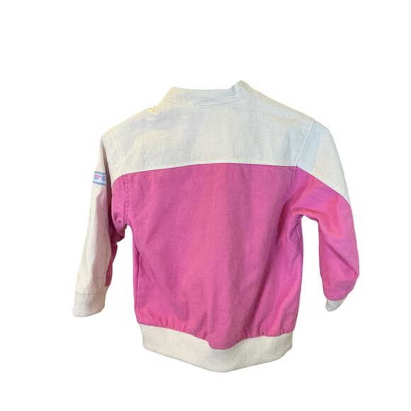 Barbie Pink Varsity Jacket Snap Front Racing Patches Girls 5–6 - Picture 5 of 7